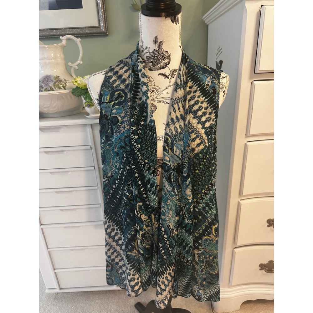 Chico's Blue Teal Paisley Mixed Print Open Front Vest Smocked Back Size 1 M